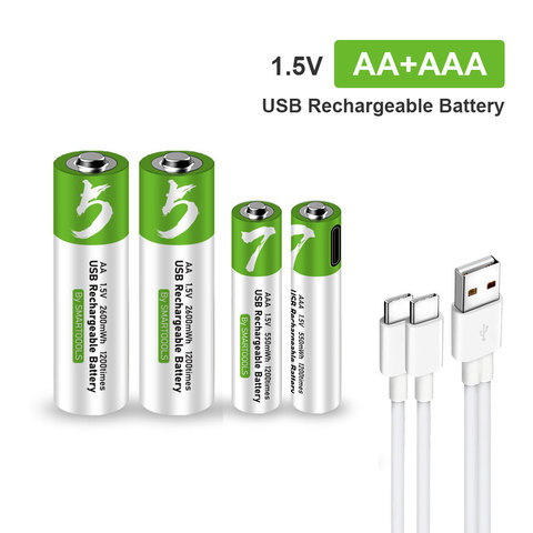 AA + AAA USB Rechargeable battery 1.5V AA 2600mWh/AAA 550mWh li-ion batteries for toys watch MP3 player thermometer+TYPE-C Cable ► Photo 1/6