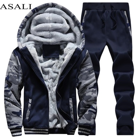 Tracksuit Men Sporting Fleece Thick Hooded Brand-Clothing Casual Track Suit Men Jacket+Pant Warm Fur Inside Winter Sweatshirt ► Photo 1/6