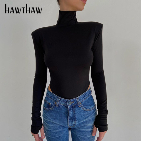 Hawthaw Women Autumn Long Sleeve Backless Soild Color Turtleneck Slim Bodycon Bodysuit Playsuit 2022 Fall Clothes Streetwear ► Photo 1/6