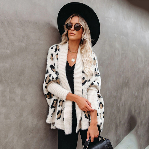 Fitshinling Fuzzy Leopard Long Cardigan Female Bohemian Slim Batwing Sleeve Overized Sweaters Cardiagns  For Women Winter Coat ► Photo 1/6