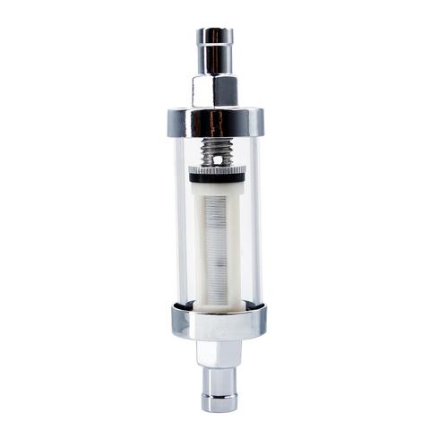 UNIVERSAL 3/8 INCH CLEAR GLASS INLINE FUEL FILTER IN & OUT CHROME PLATED HOSE ► Photo 1/6