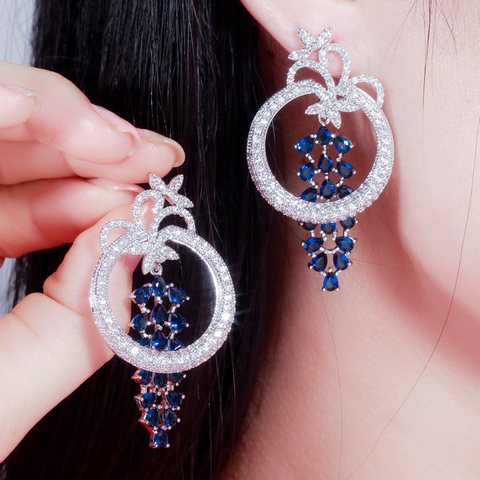 CWWZircons Geometric Round Dangle Drop Long Royal Blue Earrings Luxury Women CZ Crystal Wedding Evening Party Jewelry CZ618 ► Photo 1/6