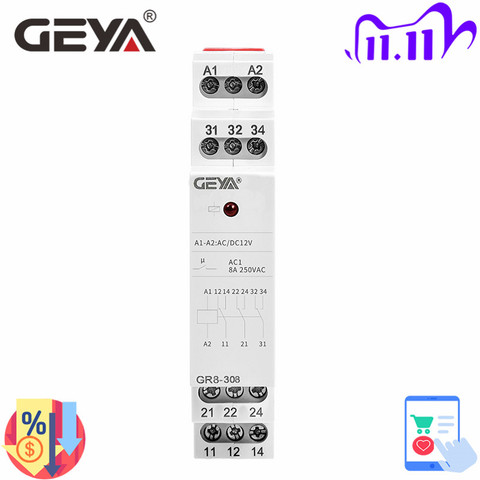 GEYA GR8-308 3SPDT Intermediate Relay Auxiliary Relay 8A Electronic Relay Switch 12V 24V 48V 110V 230V ► Photo 1/6