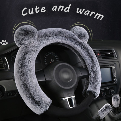 New 3Pcs Winter Plush Fur Car Steering Wheel Cover Hand Brake Handbrake Cover Gear Knob Cover Fluffy Soft Grab cute Styling ► Photo 1/6