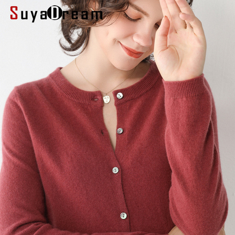 SuyaDream 100%Wool Cardigan O neck Single Breasted Long Sleeved Sweaters 2022 Fall Winter Cardigans for Women Basic Knitwear ► Photo 1/6