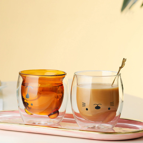 250ML Creative Cartoon Bear Coffee Mug Cute Animal Double Glass Coffee Cup  Transparent