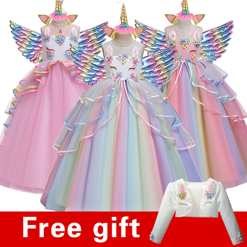Flower Girl Unicorn Rainbow Wedding Party Dress Baby Girl 3-14 Years Birthday Unicorn Colorful Dance Performance Dress Set ► Photo 1/6