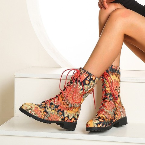 2022 Women Lace Up Boots Flower Print Ankle Fashion Round Toe Ladies Sexy Boots Socofy Designer Boots Med Heel Shoes Woman Black ► Photo 1/6