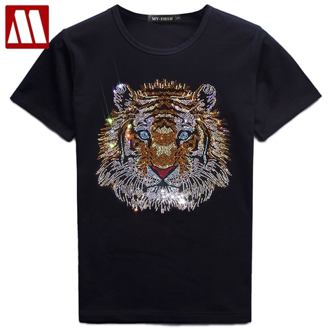 New Summer Mens Luxury Top Tees New Male Tiger T-shirt Cotton Fashion Diamond Bottoming Shirt Rhinestone Designer Man Tee Shirts ► Photo 1/6