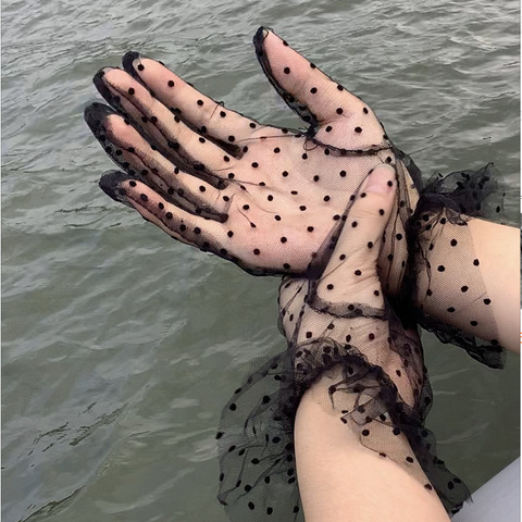 New 1 Pair Grace Autumn Summer Women Short Tulle Gloves Stretchy Lace Spots Lotus Leaf Sheers Flexible Accessories Full Finger ► Photo 1/6