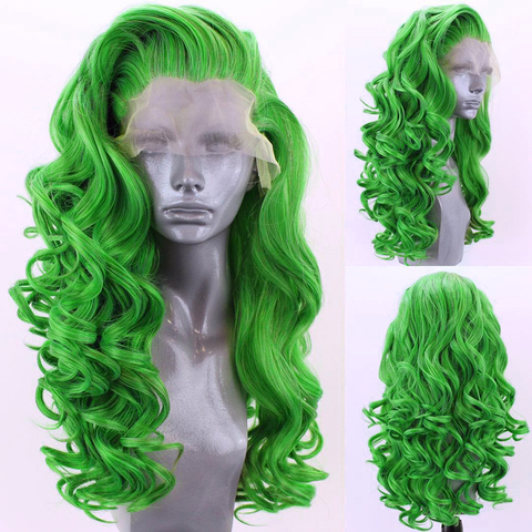 Charisma Long Deep Wave Hair Synthetic Lace Front Wig High Temperature Fiber Hair Pink Wigs for Women Free Part Green Wig ► Photo 1/6