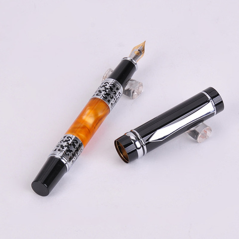 Luxury Writing Pens Black-Orange BOOKWORM 675 Silver Flower Amber Celluloid Fountain Pen Office and School Supplies ► Photo 1/3