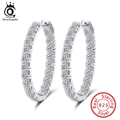 ORSA JEWELS Pure Sterling Silver Women Hoop Earrings S925 Full Zircon 35 MM Circle Earrings Trendy Delicate Fine Jewelry SE223 ► Photo 1/6