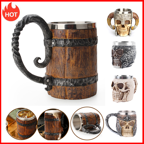 New 500ml Viking Wood style Beer Mug Double Wall Insulated Beer Cup Wine Tumbler Tea Milk Coffee Cup Christmas Decorations 2022 ► Photo 1/6