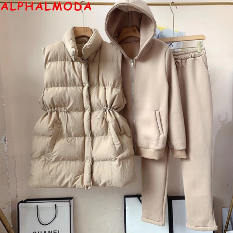 ALPHALMODA 2022 New Arrival Padded Vest Zip Hooded Trousers Women Winter Warm 3pcs Sweatpants Suit Solid Color M-XL ► Photo 1/6