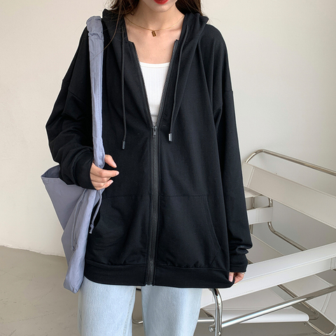 Harajuku Korean version loose thin long-sleeved hooded sun protection coat solid color retro shirt student girl top ► Photo 1/6