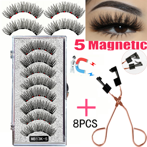 LEKOFO 8PCS 5 Magnetic eyelashes with 4 pairs magnets magnetic lashes natural Mink eye lashes with faux cils magnetique tweezers ► Photo 1/6