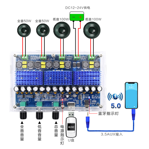 TPA3116D2 Bluetooth 5.0 Digital power amplifier board 4 Channel 50Wx2+100Wx2 Stereo Dual Bass Subwoofer AMP home theater XH-A310 ► Photo 1/6