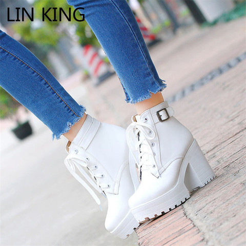 LIN KING Plus Size Warm Plush Women Winter Ankle Boots Platform High Heels Motorcycle Boots Woman Buckle Thick Heel Short Botas ► Photo 1/6