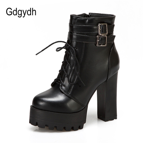 Gdgydh 2022 New Fashion PU Lacing High Heel Boots Women Thick With Belt Buckle Ankle Boots Square Heels Bare Foot Shoes White ► Photo 1/6