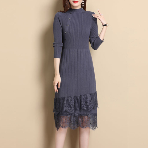 Elegant Lace Hem Buttons Women Autumn Winter Sweater Knitted a line Ribbed Slim Long Sleeve Black Bodycon Midi Dresses fall 2022 ► Photo 1/6