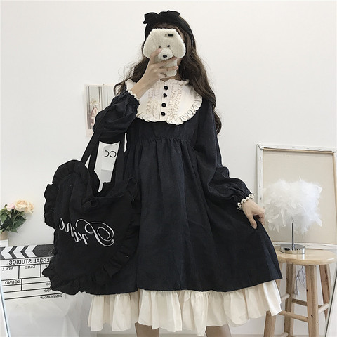 Japanese Vintage Harajuku Gothic Lolita Style Women Streetwear Midi Dress 2022 Autumn Stand Lantern Sleeve Loose Dresses Vestido ► Photo 1/6