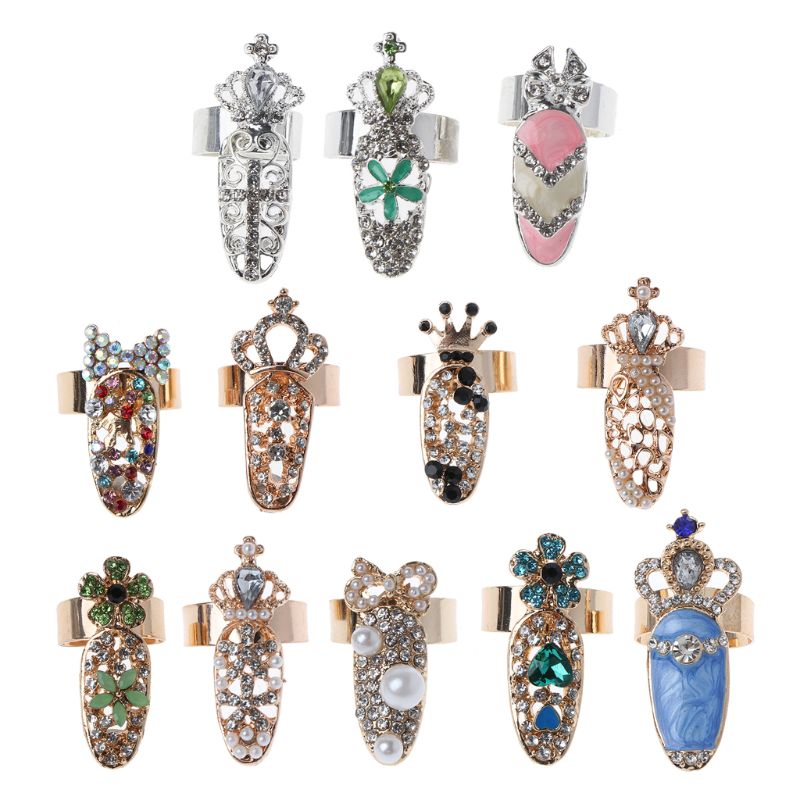12pcs Women Fashion Bowknot Nail Ring Charm Crown Flower Crystal Finger  Nail Rings