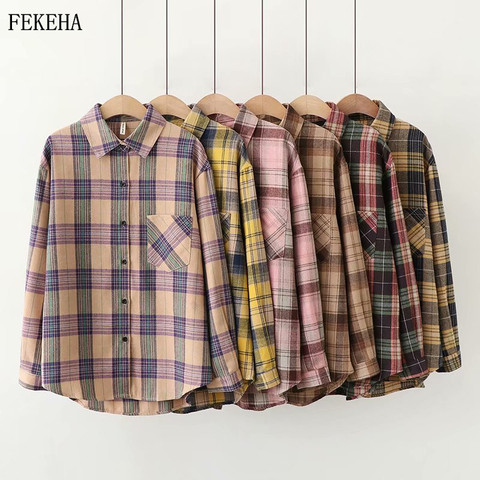 2022 Plaid Shirts Women Top And Blouses Long Sleeve Oversized Cotton Ladies Casual Blusas One Pocket Loose Female Checked Shirt ► Photo 1/6