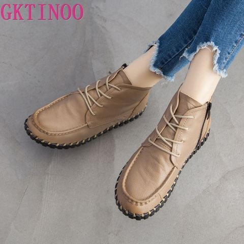 GKTINOO 2022 Vintage Style Genuine Leather Women Boots Flat Booties Soft Cowhide Women's Shoes Ankle Boots zapatos mujer ► Photo 1/6