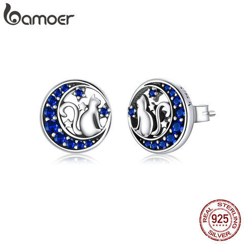 bamoer Genuine 925 Sterling Silver Cat on the Moon Round Stud Earrings for Women Ear Pins Fine Jewelry 2022 New SCE880 ► Photo 1/6