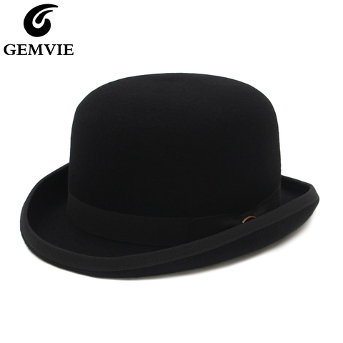 GEMVIE 4 Colors 100% Wool Felt Derby Bowler Hat For Men Women Satin Lined Fashion Party Formal Fedora Costume Magician Round Hat ► Photo 1/6