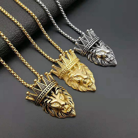 Hip Hop Rock Gold Silver Color Stainless Steel Crown Lion Pendants Necklaces for Men Rapper Jewelry Drop Shipping ► Photo 1/1