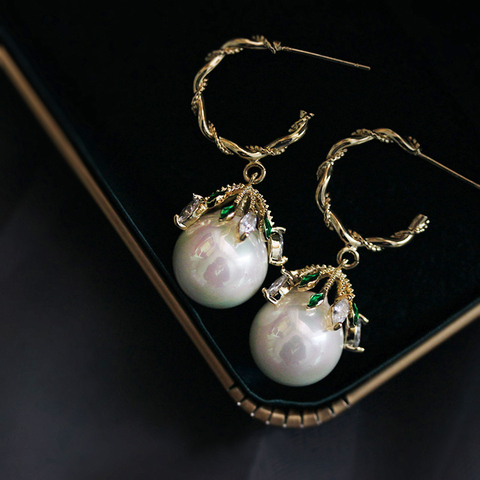 Retro court flower buds shaped dangle Earrings Marquise Green Stone Ornament Pearl Gold Color Women Jewelry Accessories Female ► Photo 1/5