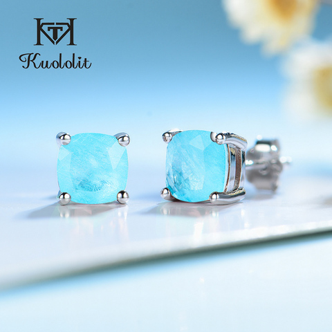 Kuololit Paraiba Tourmaline Gemstone Stud Earrings for Women Solid 925 Sterling Silver Cushion shape Female 2022  Fine Jewelry ► Photo 1/6