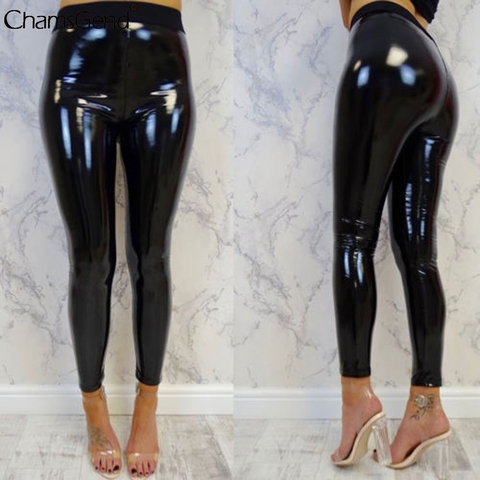 Womens Sexy Black High Waist Pants Slim Soft Strethcy Shiny Wet Look Faux Leather Vinyl Leggings Trouser Pants Pantalon Femme ► Photo 1/6