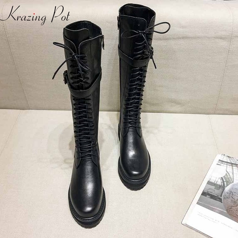 krazing pot genuine leather lace up med heels round toe punk superstar equestrian boots buckle fasteners over-the-knee boots l35 ► Photo 1/6