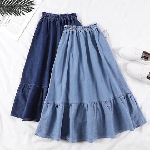 Summer Saia Female A-Line Long Denim Skirt Pockets Women High Waist Midi Jeans Skirts Dark Blue,Light Blue Plus Size Skirt ► Photo 1/6