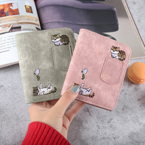 Embroidery Cat Women Short Wallet Zipper Coin Purse Short Women's Wallet Kawaii Mini Cards Holder Clutch for Girl Carteras Mujer ► Photo 1/6