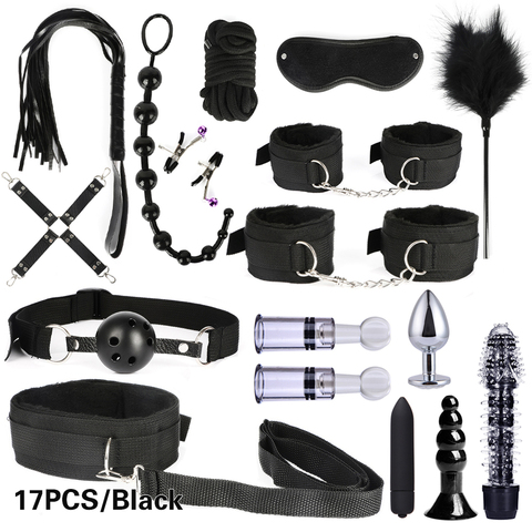 10/13/15/17 PCS Bondage Restraints Kits BDSM Sex Handcuffs Whip Anal Plug Bullet Vibrator Erotic Sex Toy For Couples Adult Games ► Photo 1/6
