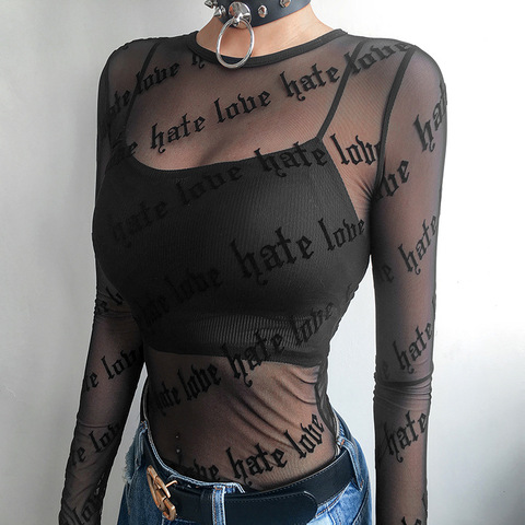 Sexy Women Mesh T-Shirts See-Through Perspective Tshirt Letter Printed O Neck Transparent Long Sleeve T Shirt Tops Women ► Photo 1/4