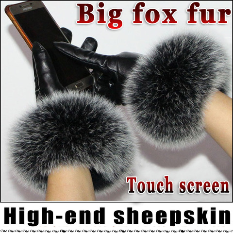 High-end ladies leather gloves sheepskin winter warmth plus velvet thickening big fox fur grass cuffs female touch screen 2022 ► Photo 1/6