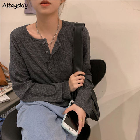 Long Sleeve T-shirts Women Elegant Simple Pure Button Design Retro Ins Autumn Ladies Tees Top All-match BF Style Mujer Clothes ► Photo 1/6