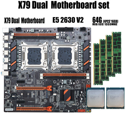 qiyida X79 Dual CPU motherboard set with 2 × Xeon E5 2630 V2 4 × 16GB = 64GB 1333MHz PC3 10600 DDR3 ECC REG memory ► Photo 1/6