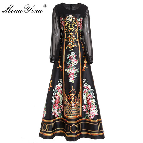 MoaaYina Fashion Designer dress Spring Women's Dress Long sleeve Vintage Floral-Print Black Maxi Dresses ► Photo 1/5