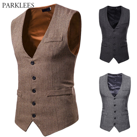 Herringbone Tweed Mens Waistcoat Formal Business Casual Slim Fit Vests for Men Retro British Style Gentleman Men Suit Vest Gilet ► Photo 1/6