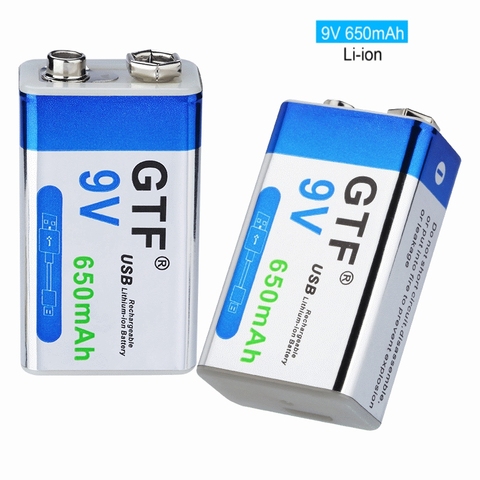 GTF 9V 650mAh USB Lithium Battery 6F22 6LR61 Li-Ion Rechargeable Battery for toys massagers multimeters guitar with USB cable ► Photo 1/6