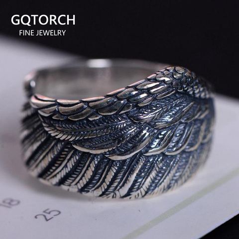Genuine 925 Sterling Silver Biker Rings For Men And Women Vintage Thai Silver Feather Rings Resizable Punk Jewelry ► Photo 1/6