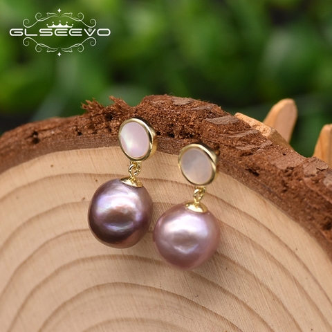 GLSEEVO Natural Baroque Purple Real Pearl Drop Earrings For Women Gift 925Silver Simple Romantic Handmade Luxury Jewelry GE0985A ► Photo 1/5