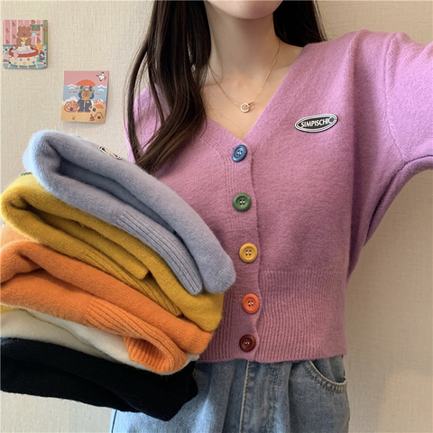 New Korean Sweet Cardigan Sweater Women Single Breasted V-neck Long-sleeved Knitted Jacket S-4XL Short Cardigan 6 colors ► Photo 1/6