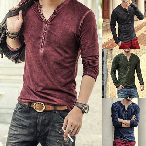 2022 Men Tee Shirt V-neck Long Sleeve Tee&Tops Stylish Slim Buttons T-shirt Autumn Casual Solid Male Clothing Plus Size 3XL ► Photo 1/6